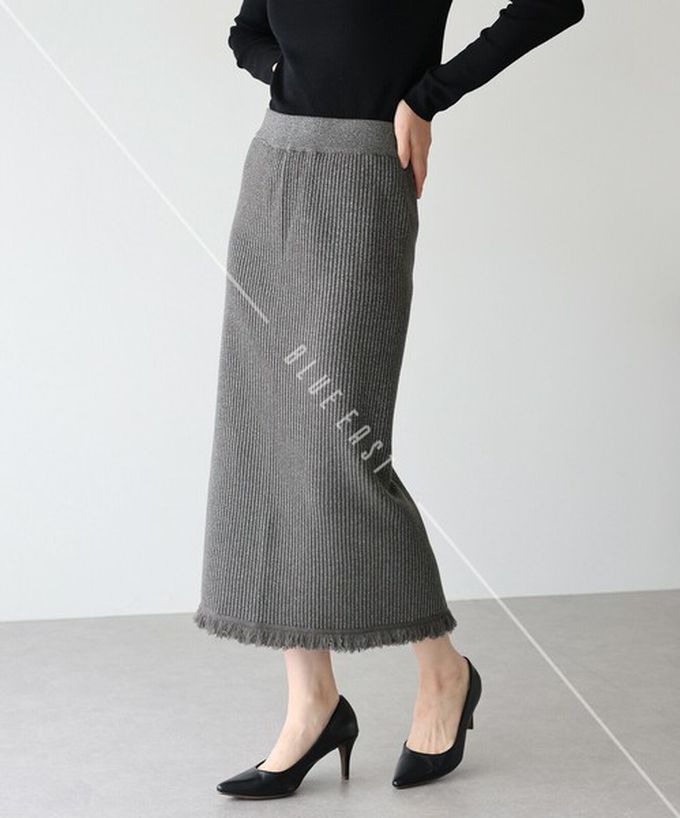 日本 BLUE EAST - 微閃亮羅紋針織流蘇開叉鉛筆裙-摩卡