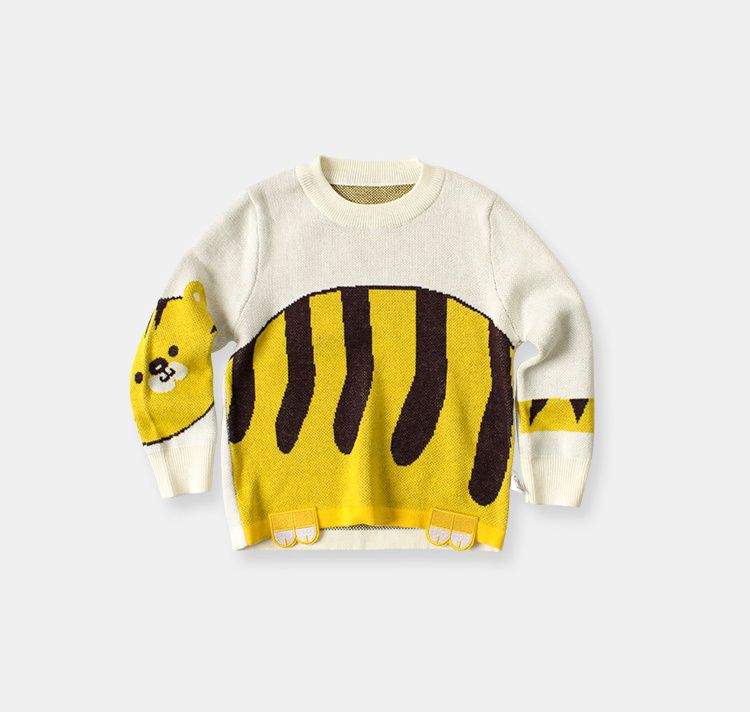 純棉圓領針織長袖上衣-老虎-杏色