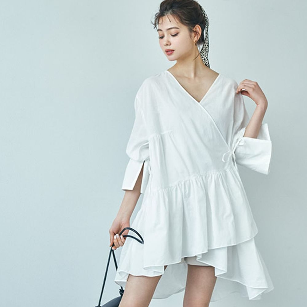 日本 GRL - 不規則剪裁荷葉邊七分袖洋裝-白
