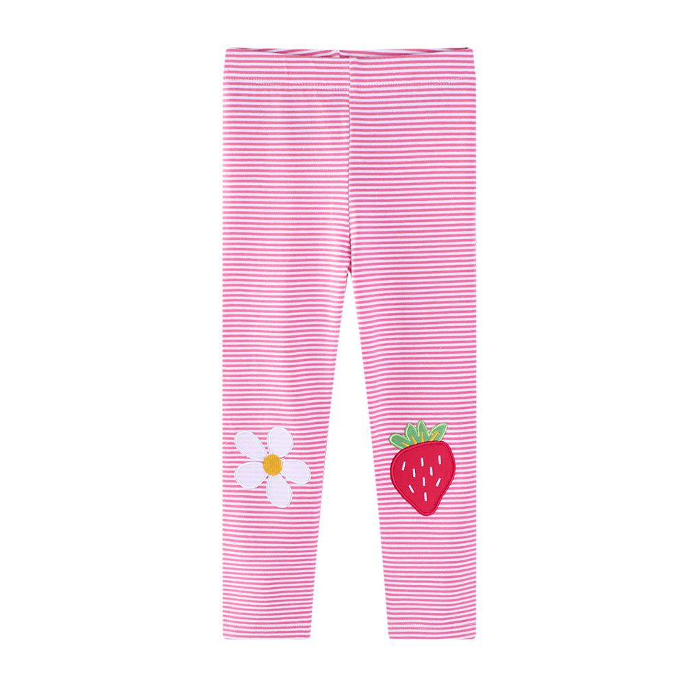 休閒腰鬆緊內搭褲-草莓花朵-粉色條紋