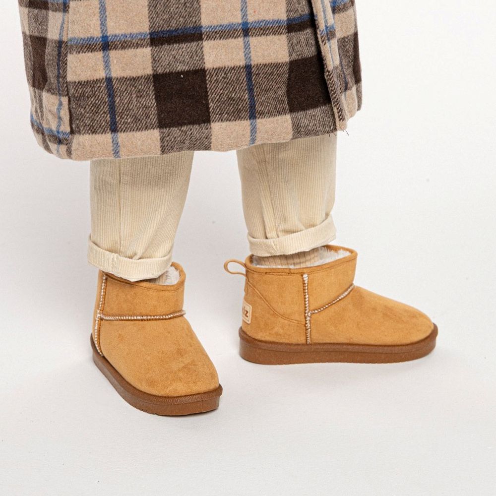 保暖毛絨防滑底短筒雪靴-駝