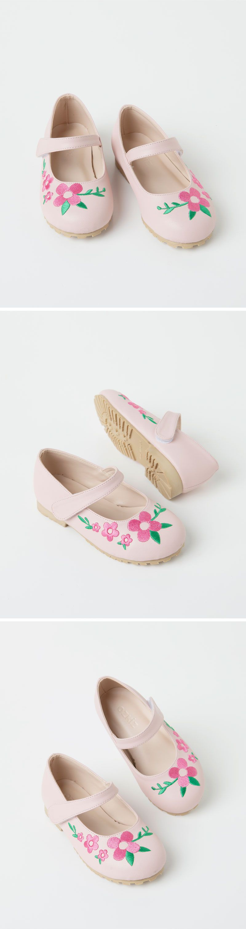 韓國 OZKIZ - 桃粉花刺繡點綴皮鞋-淺粉