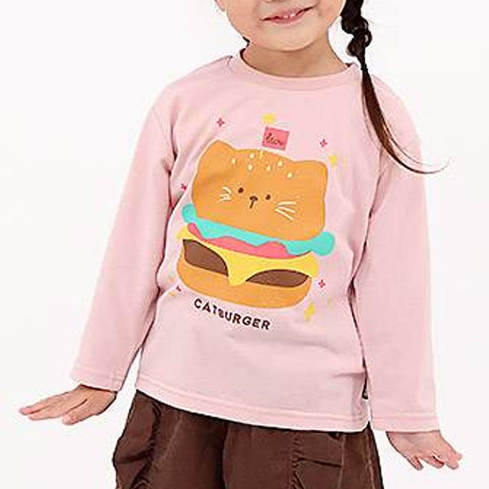 [推薦]定番印花薄長袖上衣-貓貓漢堡-粉紅