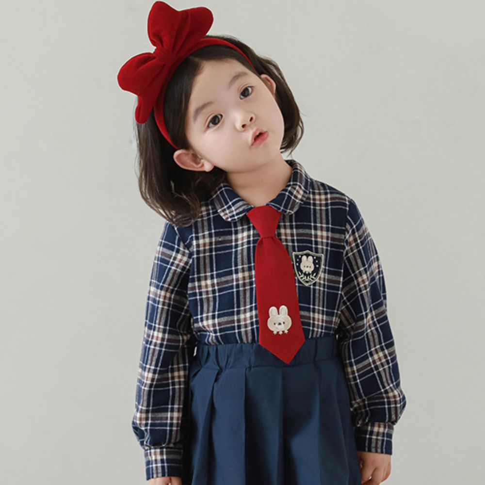 學院風翻領長袖襯衫-小兔子-藏青格紋