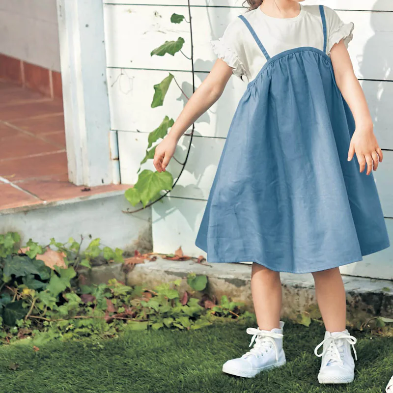 日本千趣會 - 假兩件吊帶棉麻透氣荷葉袖洋裝-條紋x卡其