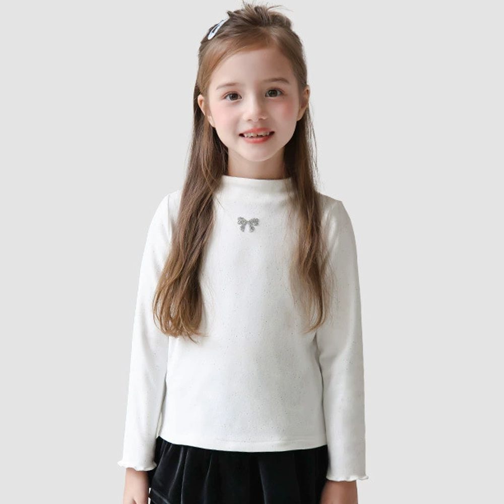 閃耀星空高彈木耳邊長袖上衣-蝴蝶結鑽飾-白色