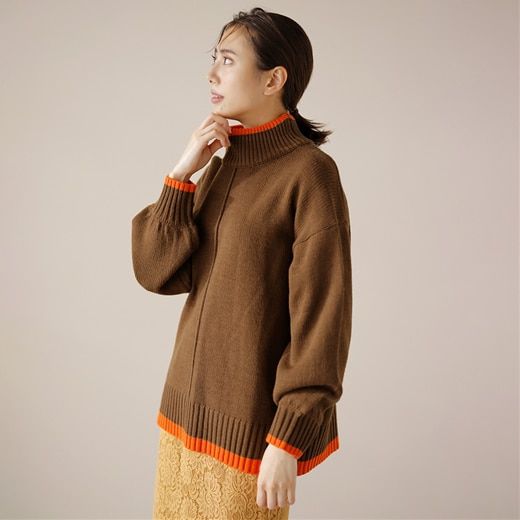 日本 BELLUNA - 高領落肩寬鬆柔軟針織毛衣-素色-暖橘