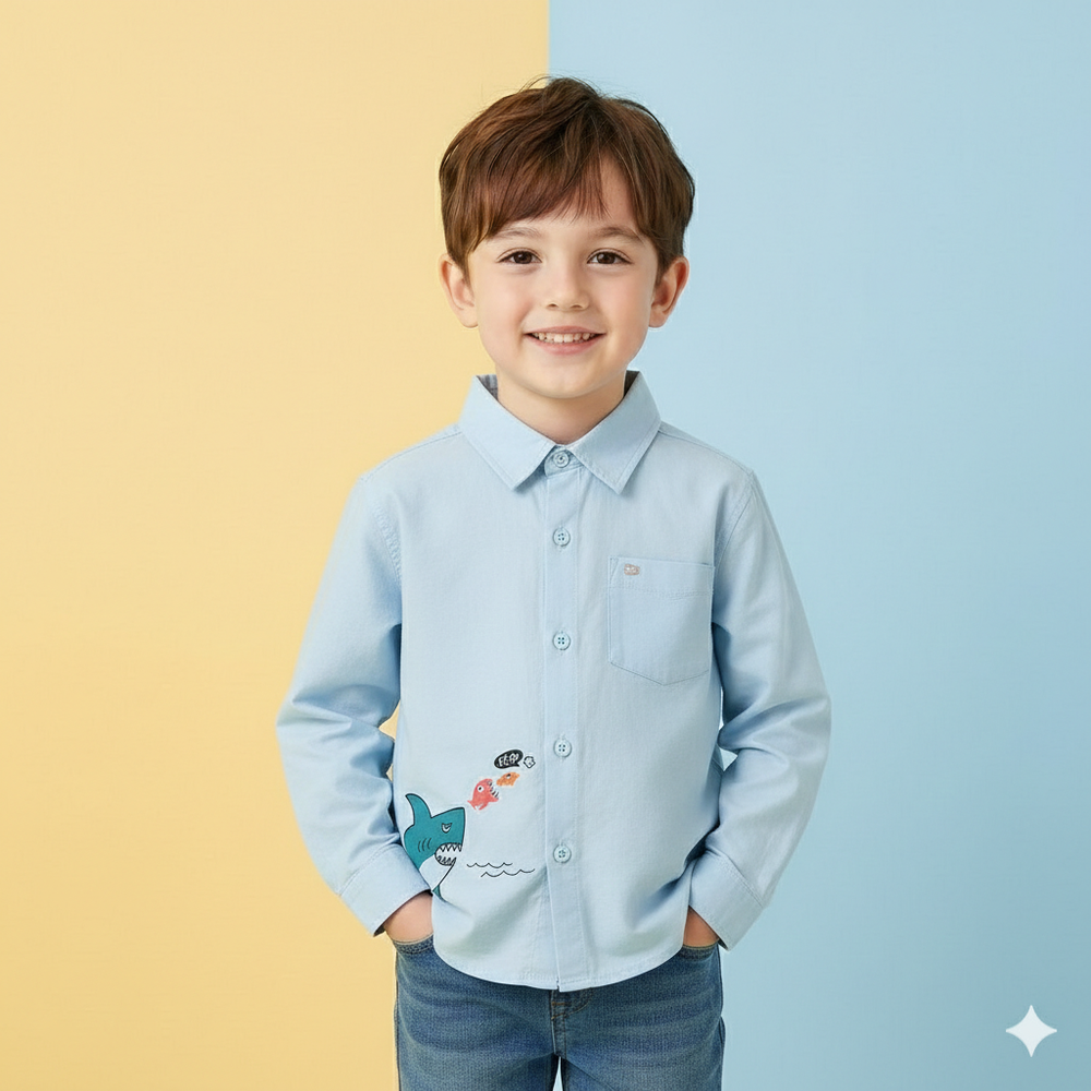 經典口袋長袖襯衫-鯊魚追追-藍色