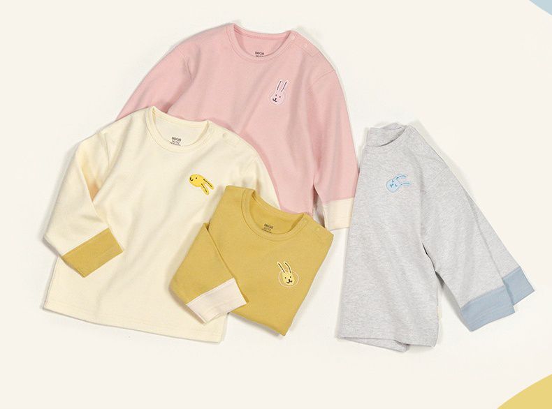 Minizone - 拼色圓領長袖上衣-溫柔兔兔-黃色