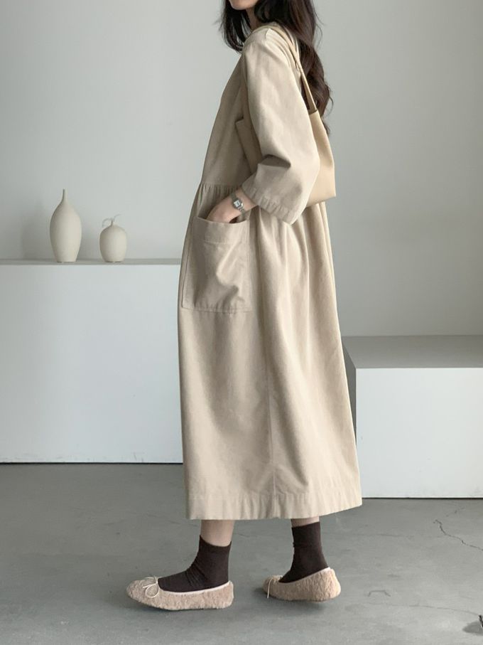 韓國女裝連線 - 極簡大口袋燈芯絨連身洋裝-米杏 (FREE)