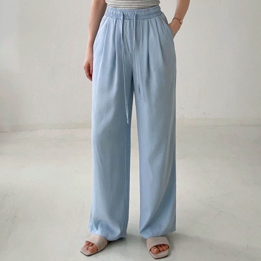 鬆緊腰天絲柔軟X清涼丹寧寬褲-淺藍