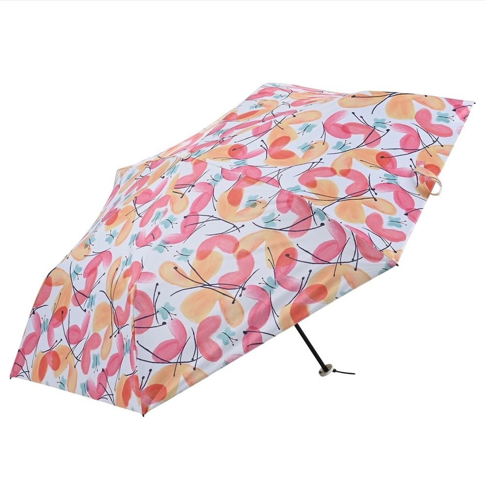 日本 nifty colors - 抗UV超輕量 晴雨兩用折疊傘(遮光遮熱款)-水彩蝴蝶-粉橘 (直徑98cm/169g)-99.9%