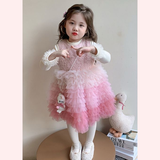 新年生日甜美漸層馬卡龍粉蛋糕網紗裙洋裝