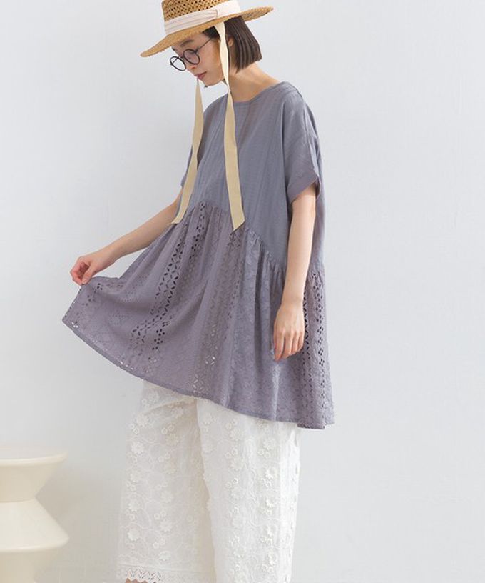 日本 Lupilien - 100%印度棉 柔美緹花長版短袖上衣-桃紅