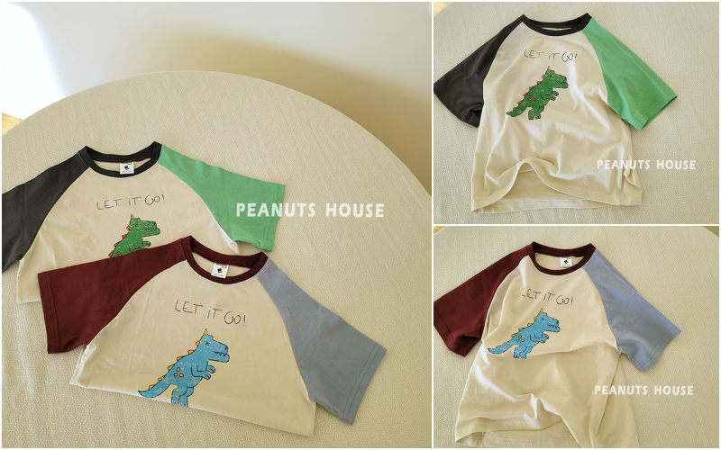 韓國 Peanuts House - 恐龍拼接色T-藍