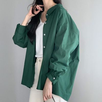 韓國女裝連線 - 簡約質感後背抓褶長袖襯衫-綠 (FREE)