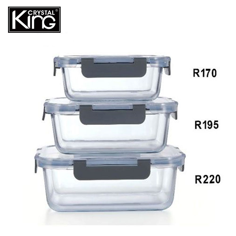 耐熱玻璃保鮮盒-長方形(1480ml*1+1040ml*1+630ml*1)-R220 + R195 + R170