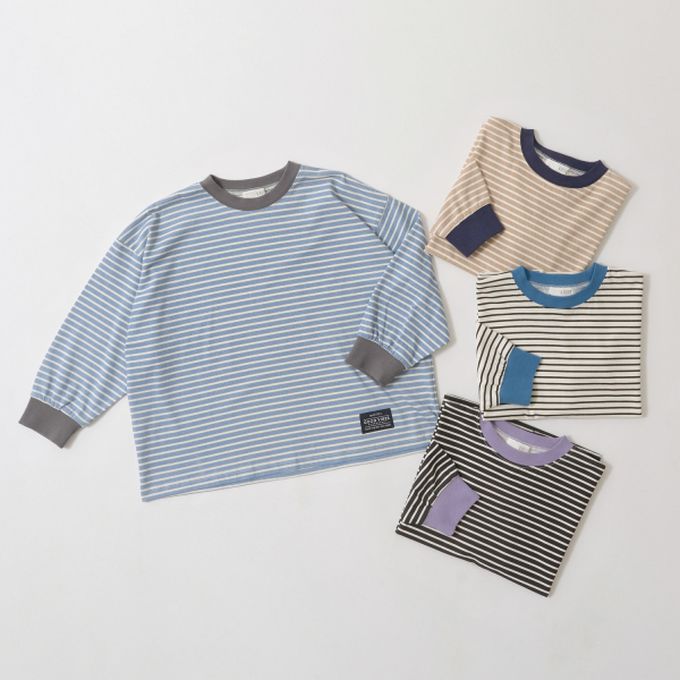 日本 b-ROOM - 不易變形定番條紋長袖上衣-卡其x深藍