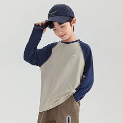 babybody - 吸濕排汗圓領長袖上衣-拼色袖-藏青