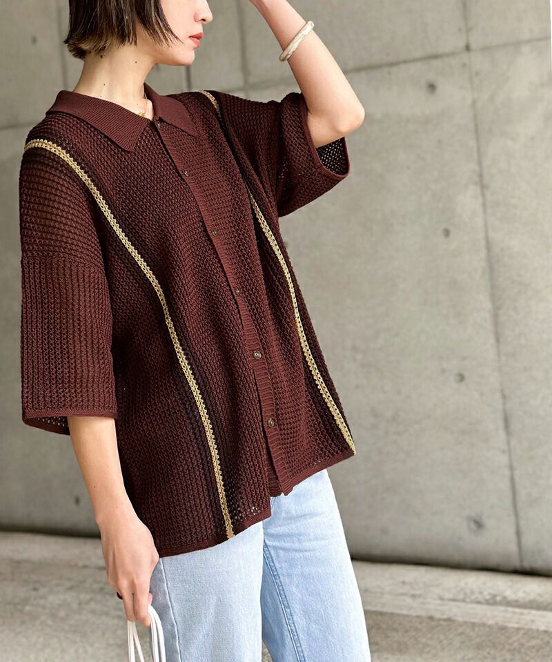 日本 Classical Elf - 個性網狀翻領短袖襯衫-咖啡