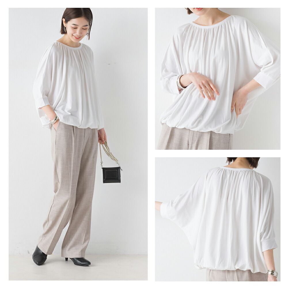 日本 OMNES - 圓領抓皺落肩短袖上衣-黑