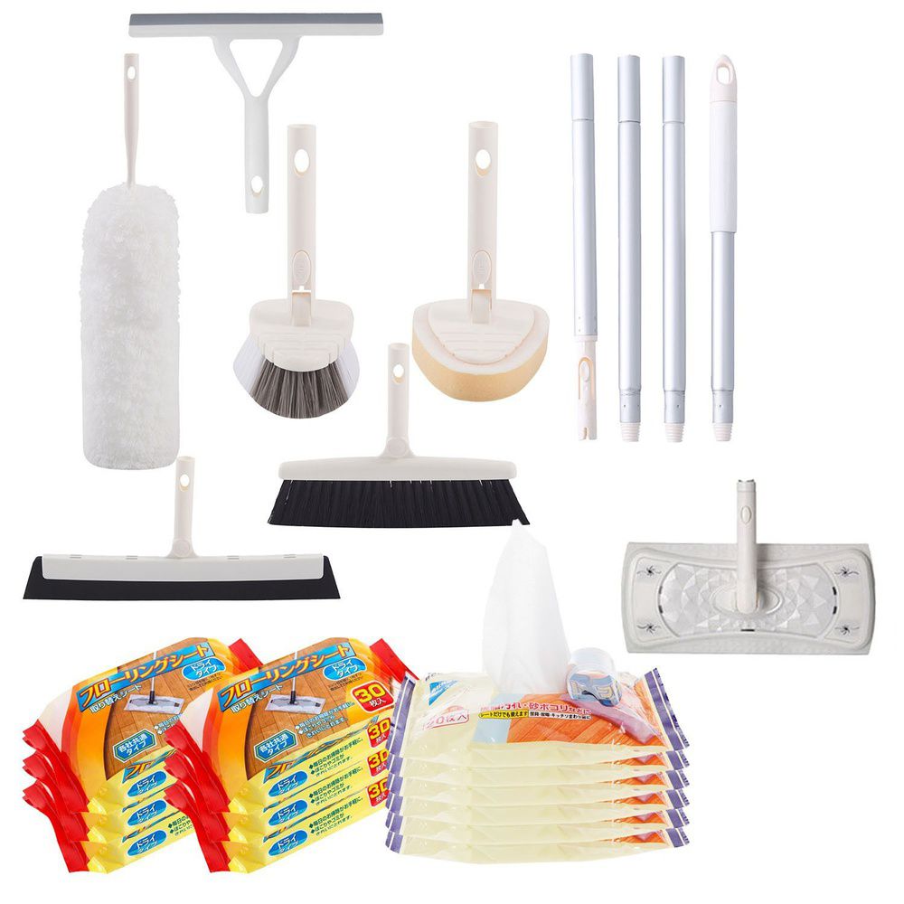多功能居家清潔掃除套組-全能系列-4節加粗伸縮桿x1+靜電除塵拖把頭x1+除塵撢頭x1+掃把頭x1+磁磚清潔刷頭x1+海綿刷頭x1+刮水拖把頭x1+玻璃窗清潔刷頭x1+乾巾x6+濕巾x6