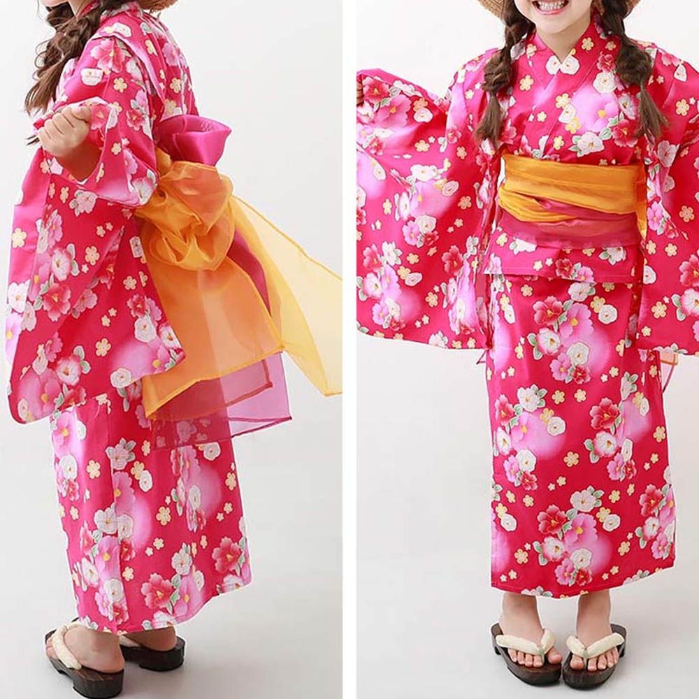 2way穿搭浴衣洋裝華麗4件組-可愛花朵-玫紅