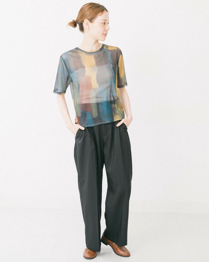 日本 gleam - 水彩暈染風透膚薄紗短袖上衣-深藍系