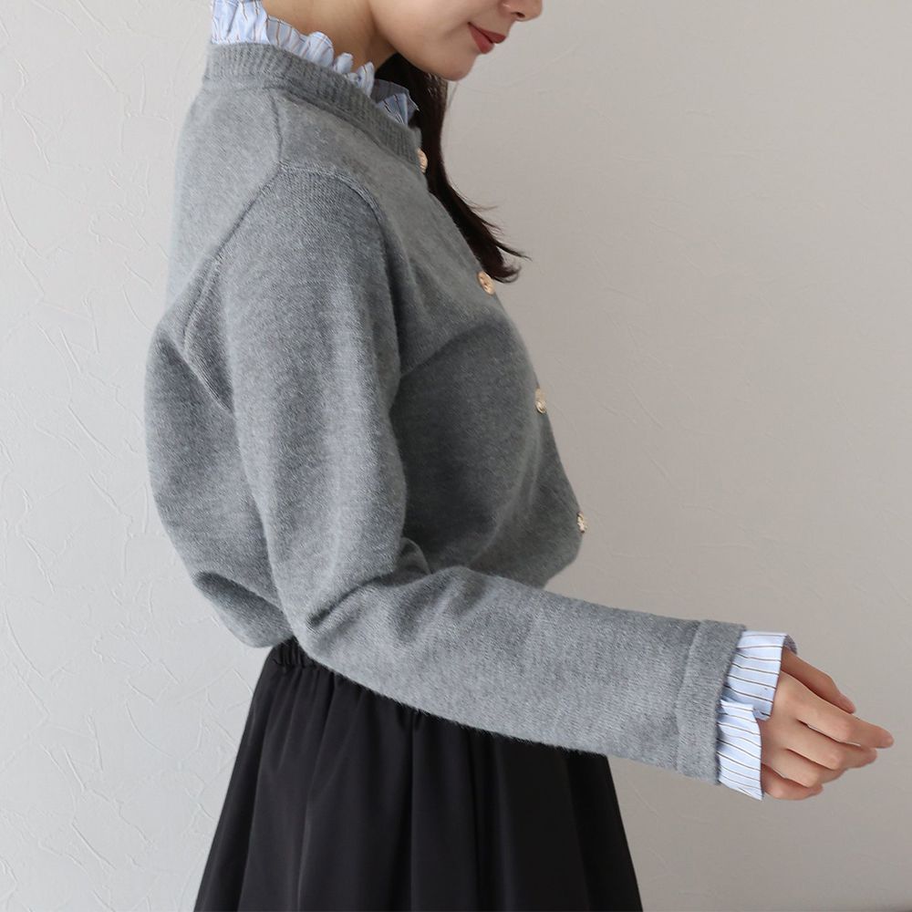 甜心假二件荷葉領金扣開襟衫-淺灰 (M)