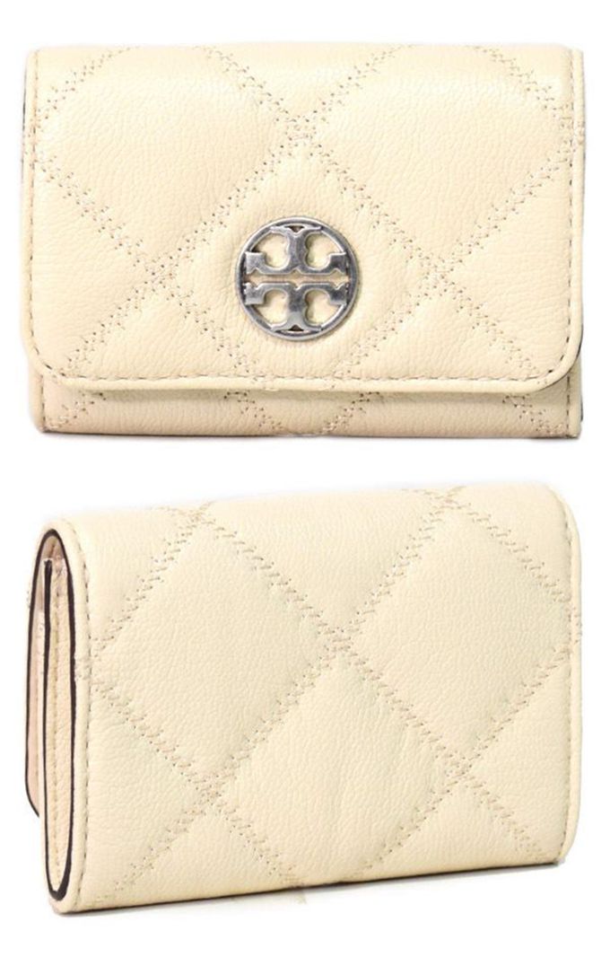 Tory Burch - 菱格紋皮革卡片零錢包 (米白)