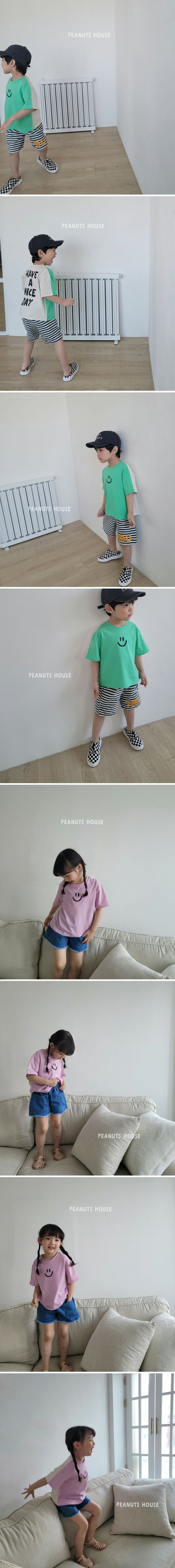 韓國 Peanuts House - 純棉拼色圓領短袖上衣-笑臉文字-黃X米