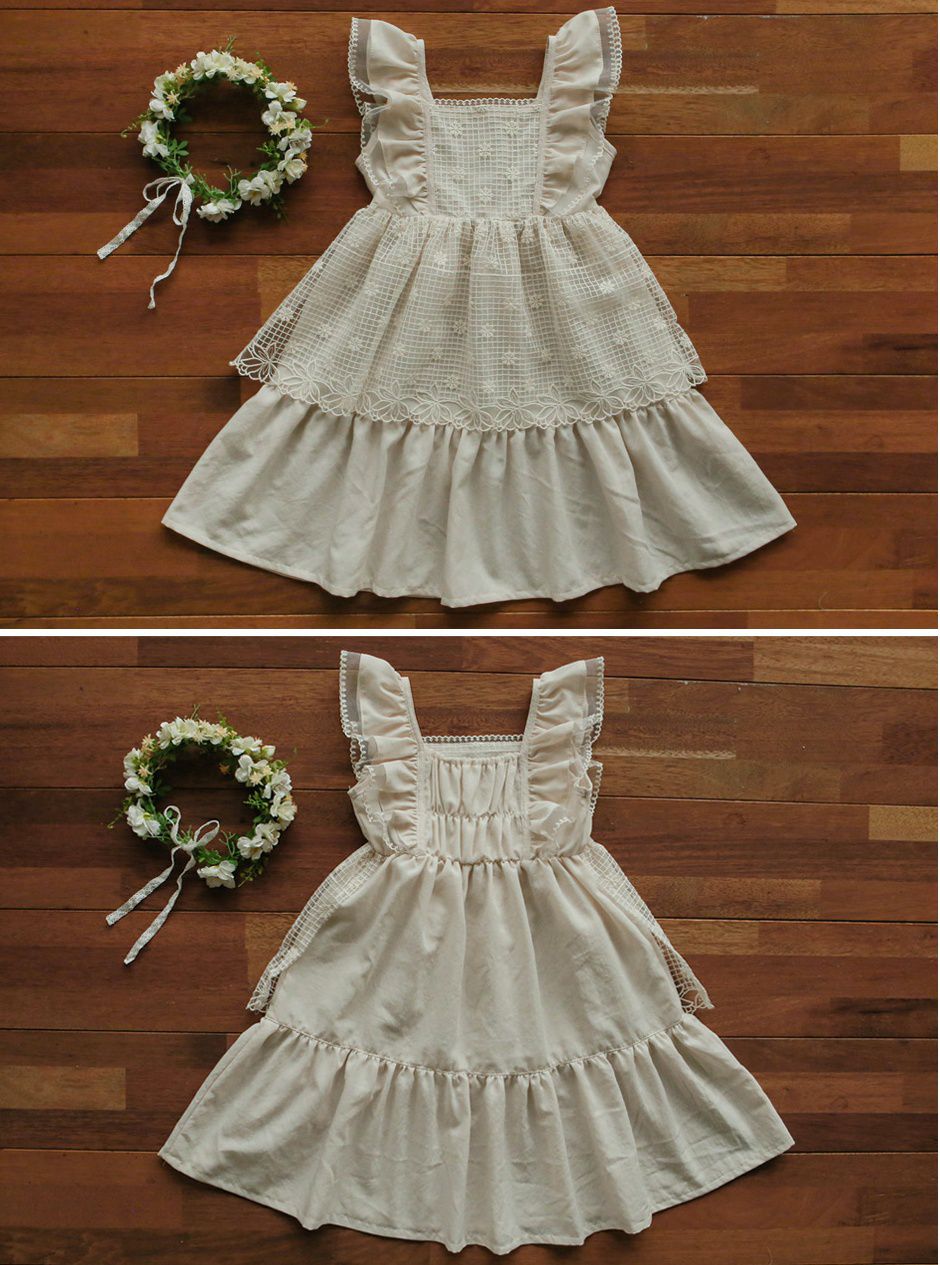 韓國 PuellaFLO - 假兩件格子花朵圍裙洋裝-米白