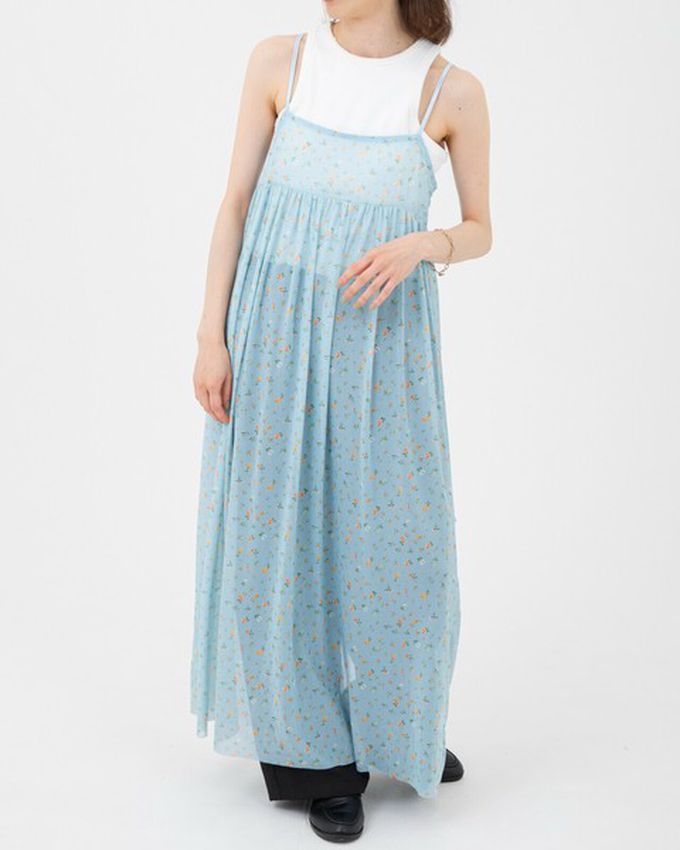 日本 gleam - 前後2way浪漫小花細肩帶薄紗洋裝-水藍