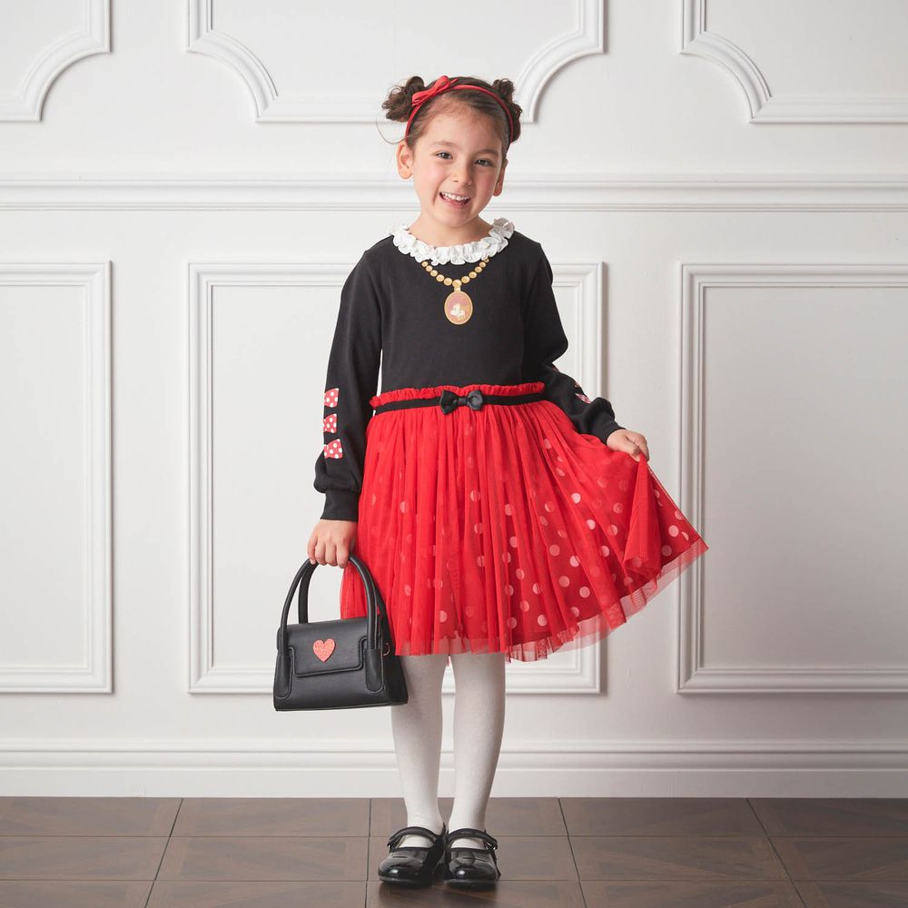 日本千趣會 - 聯名款 華麗印花雪紡拼接長袖洋裝-米妮紅黑