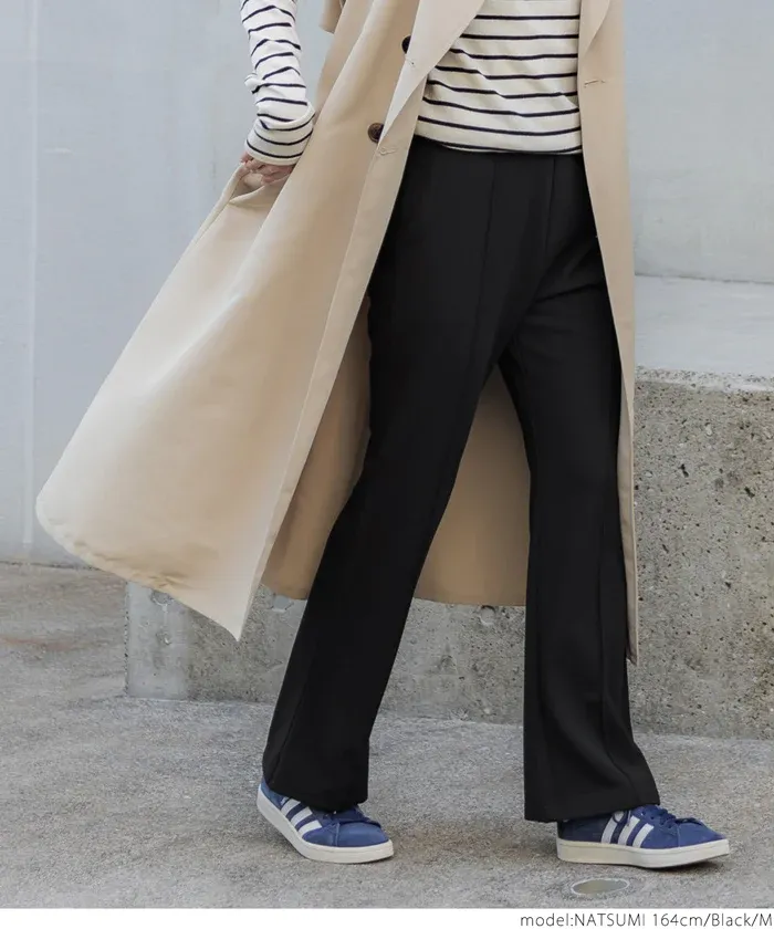 日本 COCA - 裏起毛摺線美腿微喇叭褲-黑