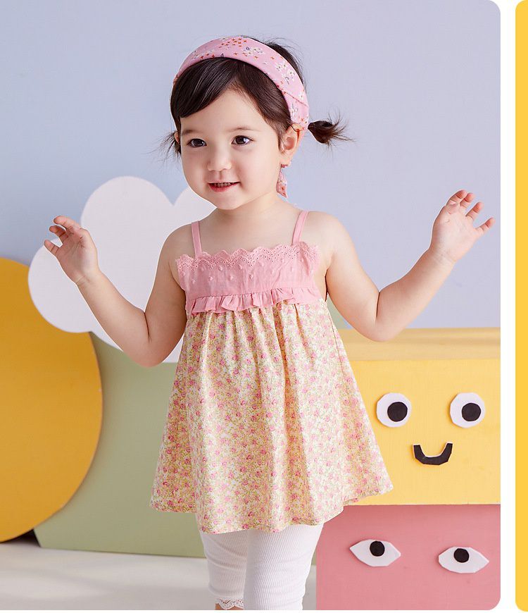 田園風純棉吊帶洋裝-碎花款-粉色