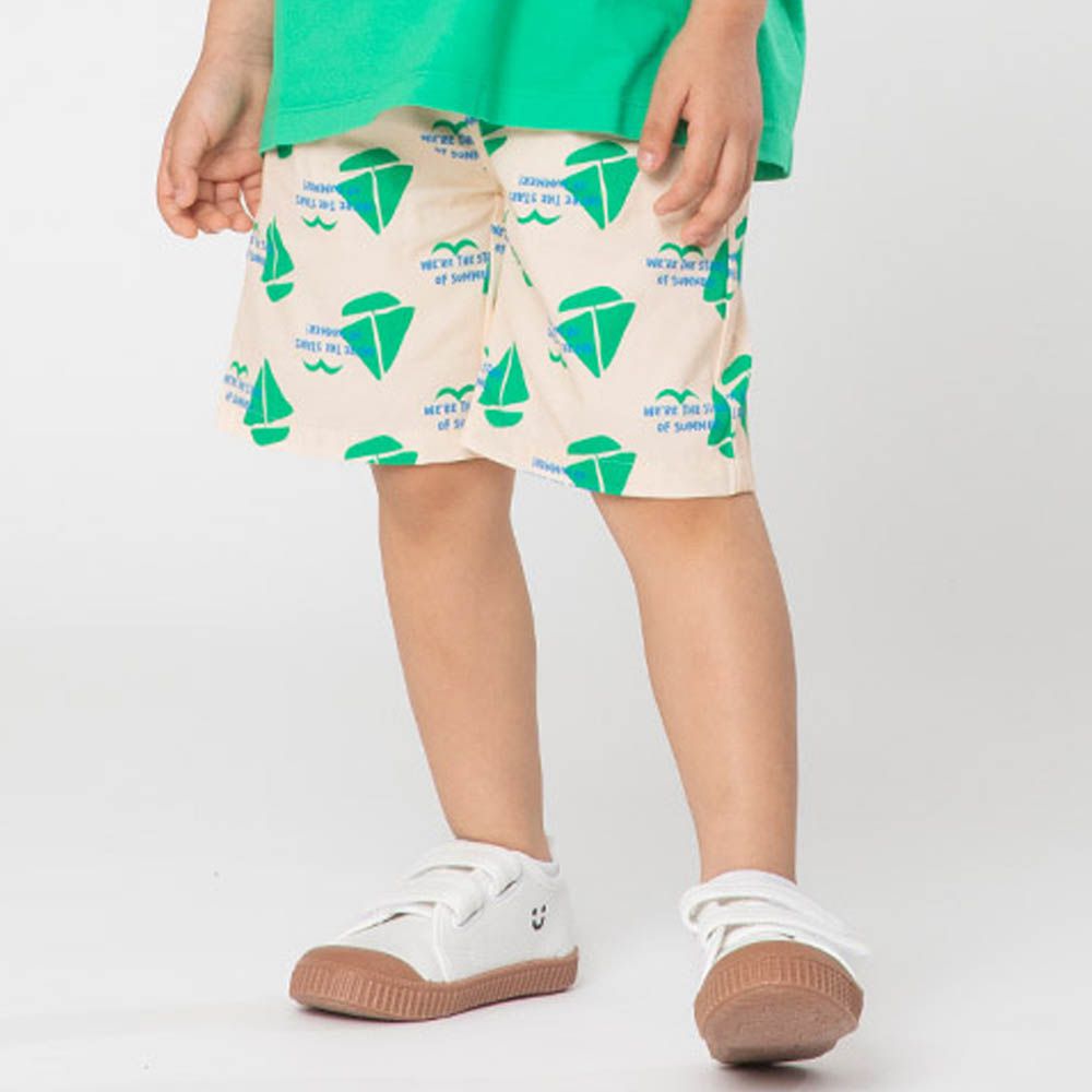 鬆緊腰滿版帆船印花短褲-卡其