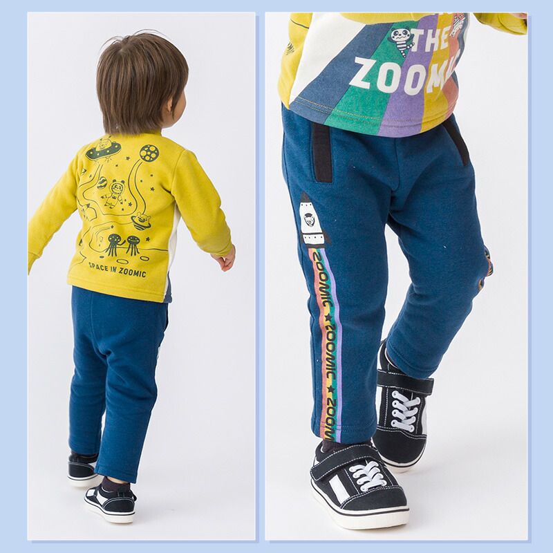 日本 ZOOLAND - 裏起毛印花長褲-側面火箭升空-灰