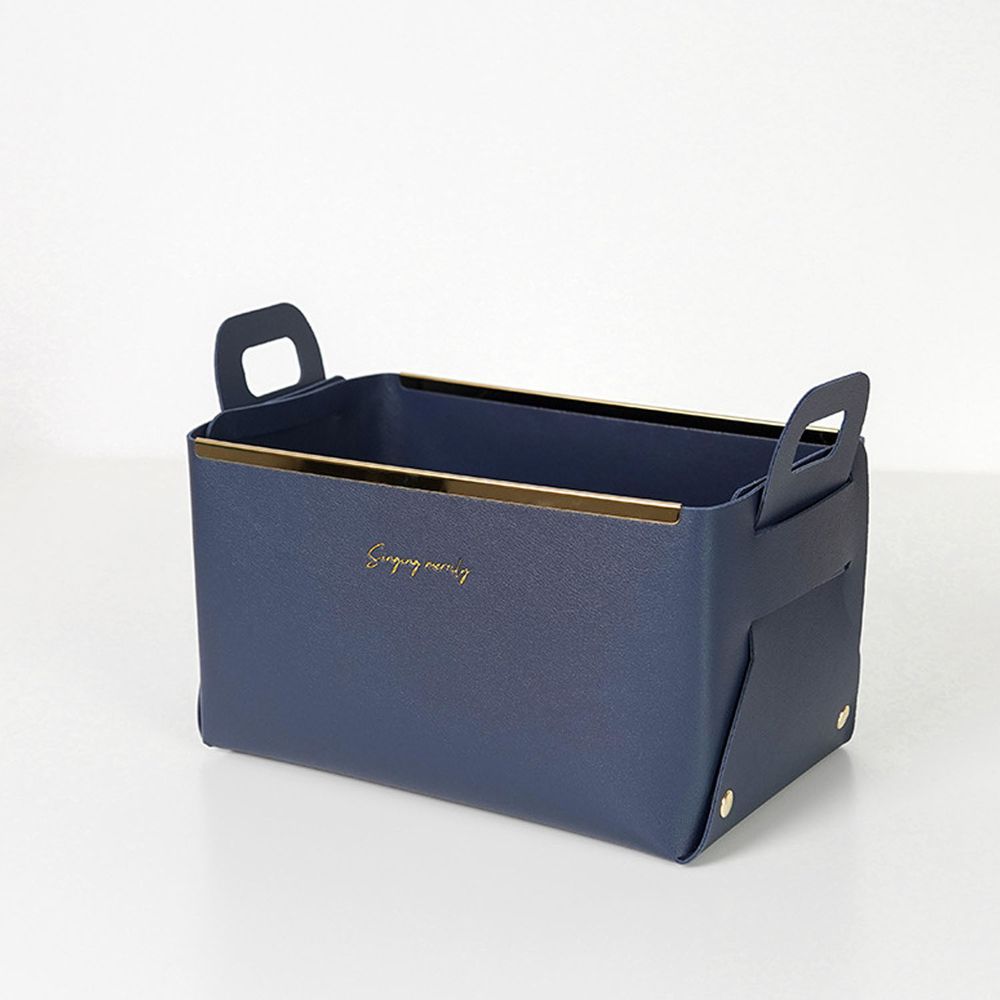 北歐簡約風皮質桌面收納盒-深口款-深藍色 (22x14x12.5cm)