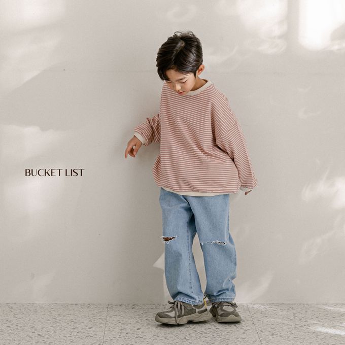 韓國 BUCKET LIST - 寬鬆橫紋大落肩長袖大學T-湖水綠