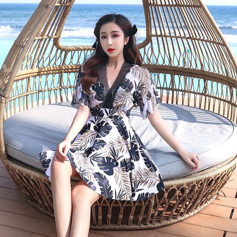 V領修身顯瘦露背連身裙泳衣-滿滿葉子-藍綠色