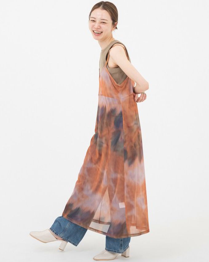 日本 gleam - 穿搭有型 暈染透膚細肩帶洋裝-橘系