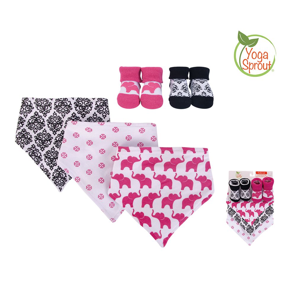 美國 Luvable Friends - 甜蜜寶貝100%純棉三角領巾3入組+短襪2入套裝組-桃紅大象