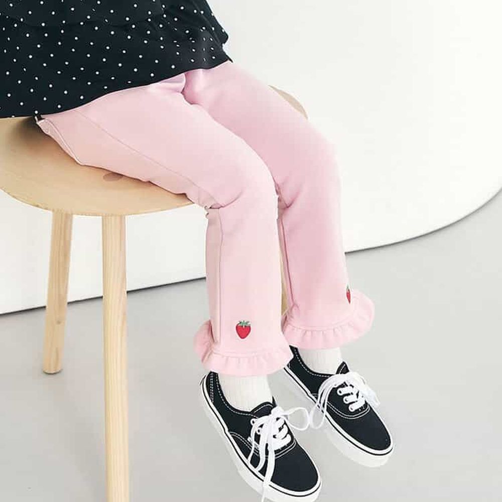 可愛刺繡下擺荷葉合身長褲-草莓-粉紅