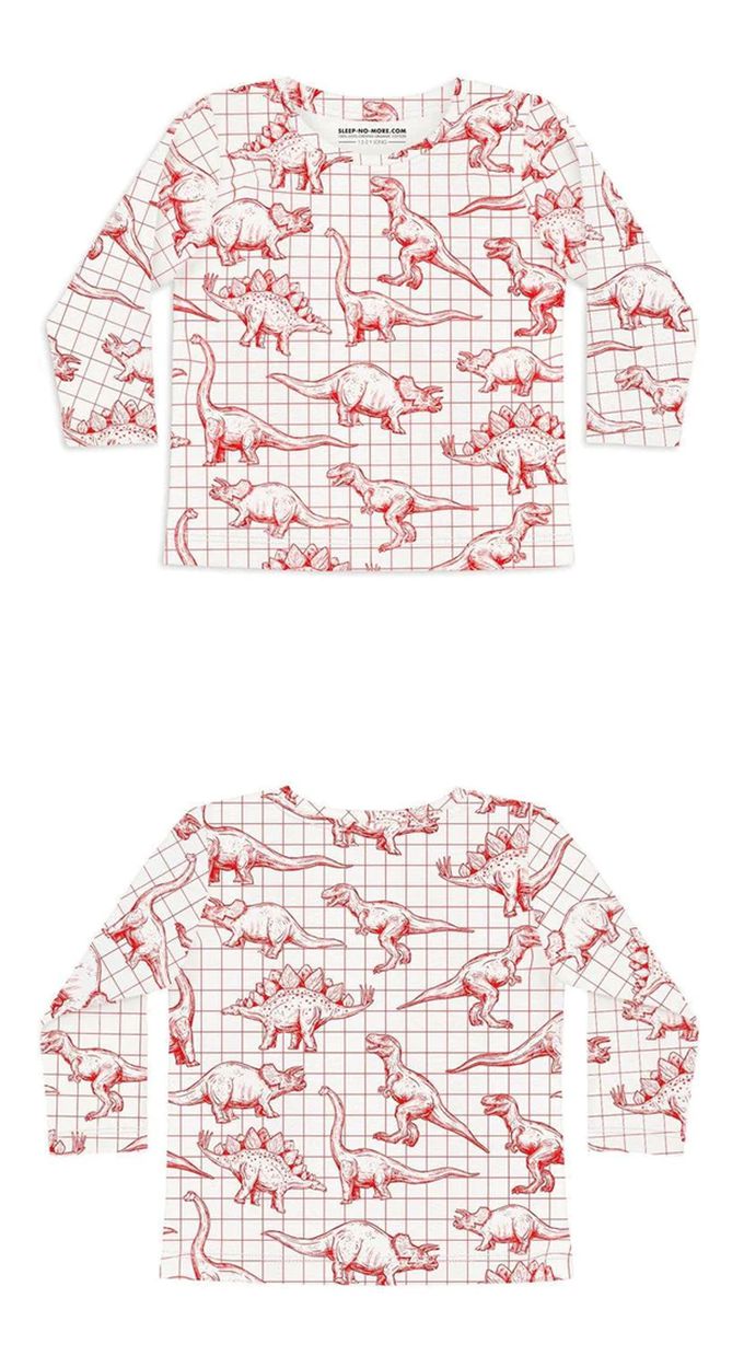 英國 SLEEP NO MORE - 100% 有機棉兒童圓領長袖上衣-白底紅色恐龍塗鴉