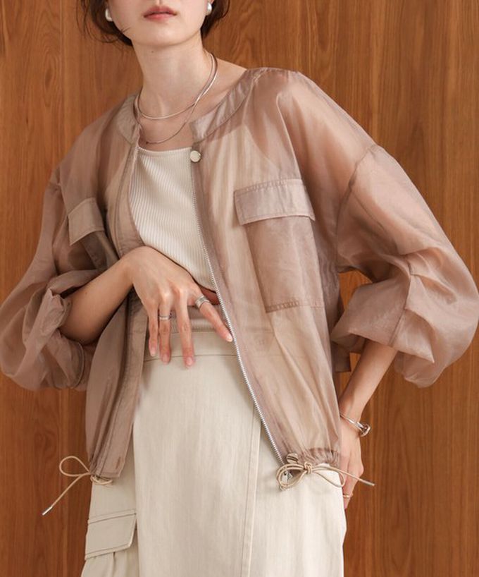 日本 Bab - 優美透膚精緻感抽繩薄外套-卡其棕