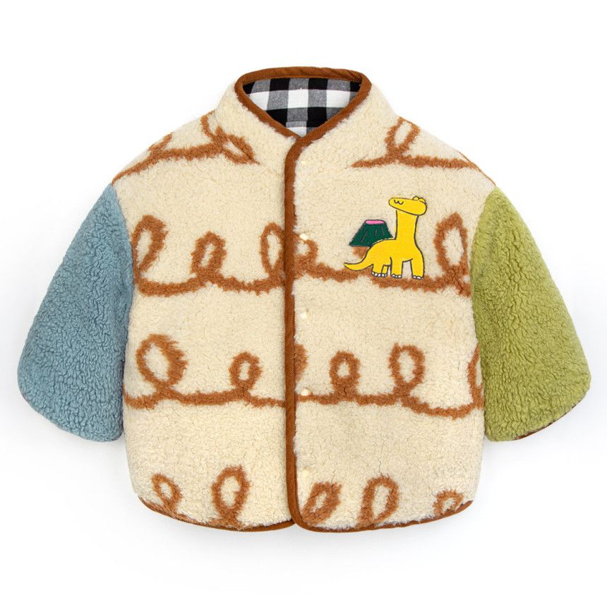 韓國Pimpollo - 恐龍刺鏽雙面實穿保暖外套-焦糖色