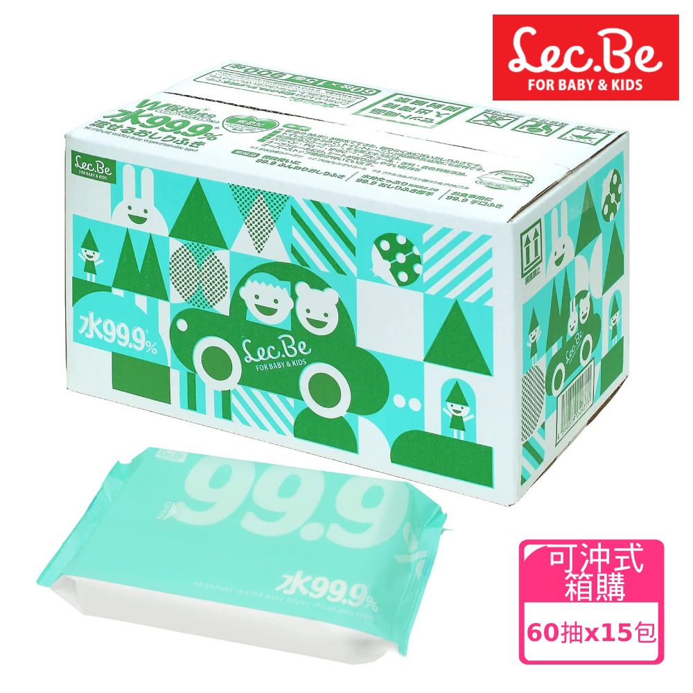 日本 LEC - 純水99.9%可沖式濕紙巾箱購 60抽x15包入