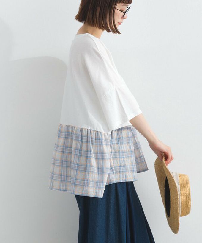 日本 Lupilien - 接觸涼感 可愛格紋休閒五分袖上衣-白