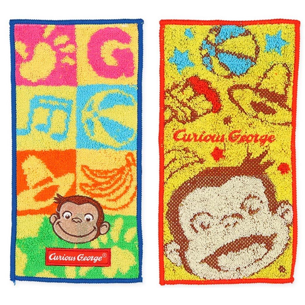 日本西松屋 - 純棉上學擦手巾/手帕(2入組)-喬治猴-黃 (10×20cm)